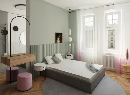 Sypialnia z szarym łóżkiem, różowymi dodatkami i zielonymi ścianami w stylu dopamine decor.