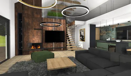 Wnętrze z drewnianą ścianą, nowoczesne oświetlenie i zielonym akcentem w stylu dopamine decor, industrialnym.