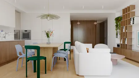 Wnętrze jadalni w stylu art deco i vintage z drewnianym stołem i kolorowymi krzesłami.
