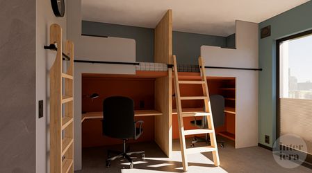 Wnętrze pokoju dziecięcego z minimalistycznym biurkiem, łóżkiem piętrowym i nowoczesnymi akcentami.