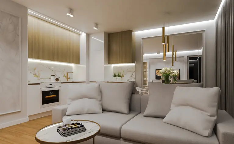 Nowoczesne wnętrze salonu z szarymi meblami, drewnianą podłogą i złotymi akcentami, quiet luxury.