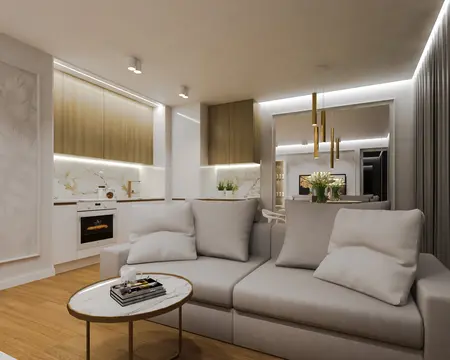 Nowoczesne wnętrze salonu z szarymi meblami, drewnianą podłogą i złotymi akcentami, quiet luxury.