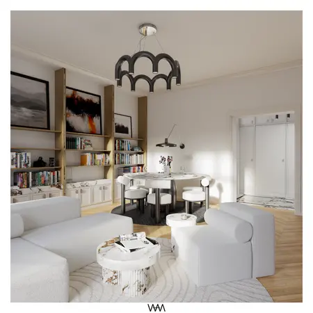 Wnętrze salonu w stylu soft minimalizm, tradycyjnym i vintage z białymi meblami.