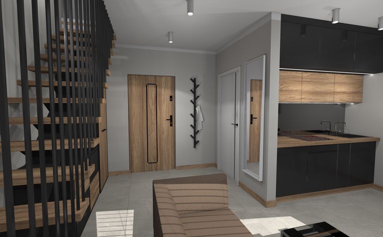 Wnętrze z nowoczesnym designem, drewniane schody, minimalistyczna kuchnia, industrialne elementy.