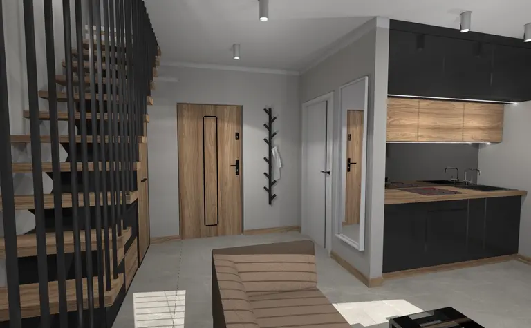 Wnętrze z nowoczesnym designem, drewniane schody, minimalistyczna kuchnia, industrialne elementy.