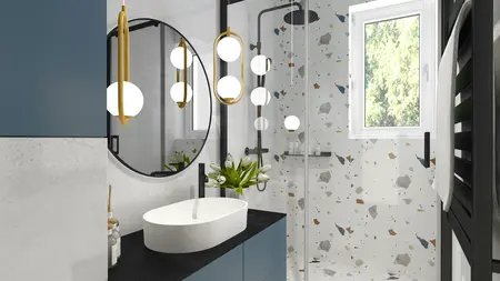 Wnętrze łazienki z umywalką, lustrem i dekoracją dopamine decor.