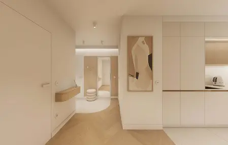 Przedpokój w stylu japandi z minimalistycznymi meblami i nowoczesnym oświetleniem.