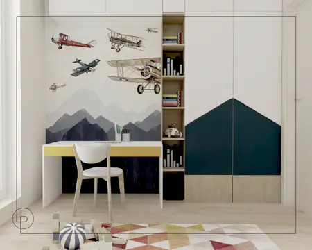 Pokój dziecięcy z biurkiem, półkami i samolotami na ścianie, nowoczesny design.