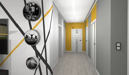 Korytarz z elementami industrialnymi i minimalistycznymi, jasne ściany, nowoczesne dekoracje.