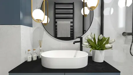 Nowoczesna łazienka z białą umywalką, czarnym blatem i tulipanami, styl dopamine decor.