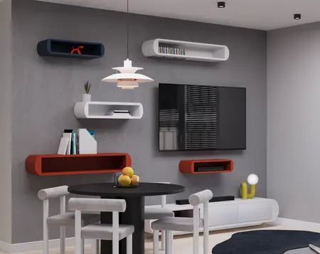 Eklektyczne i minimalistyczne wnętrze salonu z nowoczesną lampą i telewizorem.
