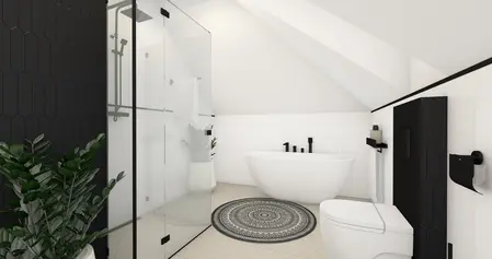 Nowoczesna łazienka z białą wanną i czarnymi detalami, styl glamour, współczesny.
