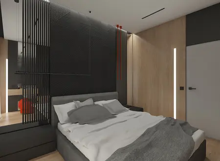 Wnętrze sypialni z minimalistycznym designem, nowoczesnymi elementami, soft minimalizmem i drewnianymi akcentami.