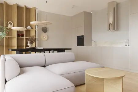 Nowoczesne wnętrze kuchni w stylu japandi z szarymi meblami i drewnianymi detalami.