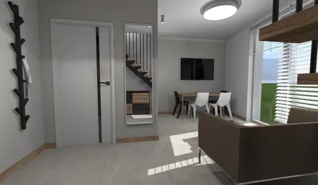Wnętrze z jadalnią, szaro-białymi ścianami, nowoczesnymi meblami, minimalizm, dopamina decor.