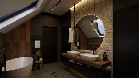 Wnętrze łazienki w stylu industrialnym z drewnianymi elementami i nowoczesnym oświetleniem.