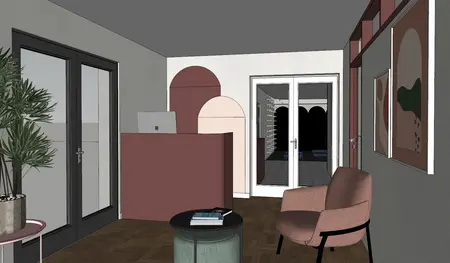 Wnętrze biura z eklektycznym stylem, dopamine decor, nowoczesne meble i rośliny.