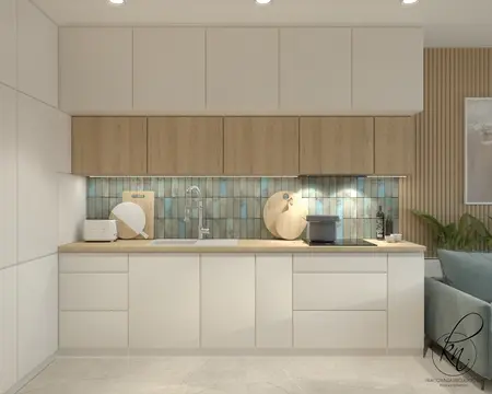 Nowoczesna kuchnia z białymi meblami i drewnianym blatem, minimalistyczny design.