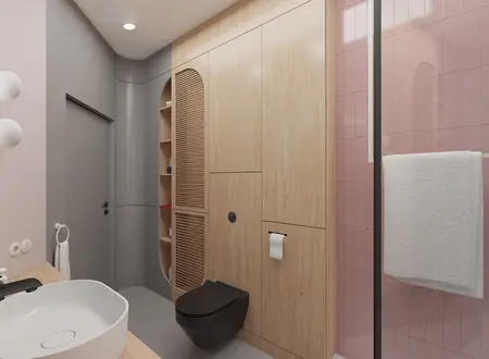 Nowoczesna łazienka z drewnianymi meblami, różowymi kaflami i minimalistycznym designem dopamine decor.
