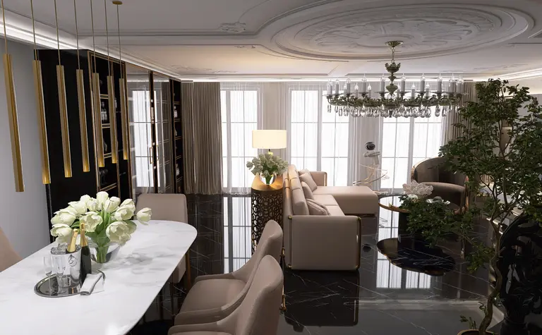 Wnętrze art deco z elegancką sofą i złotymi lampami