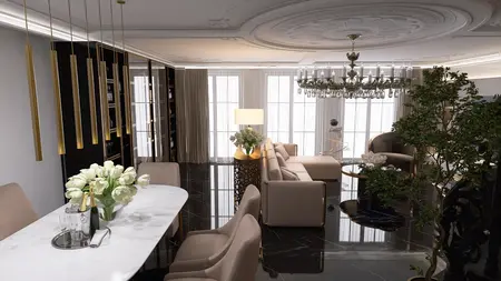 Wnętrze art deco z elegancką sofą i złotymi lampami