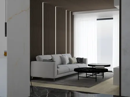 Wnętrze salonu w stylu minimalistycznym, nowoczesne z białą sofą i drewnianymi detalami.