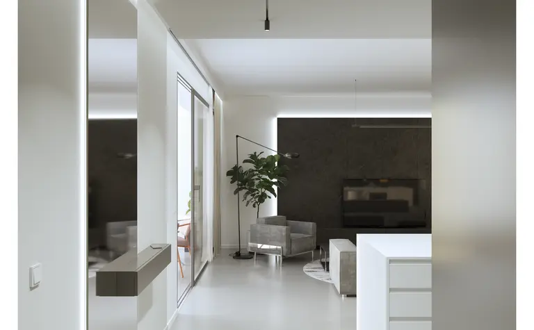 Salon w stylu minimalistycznym z białą kuchnią i roślinami, nowoczesne wnętrze.