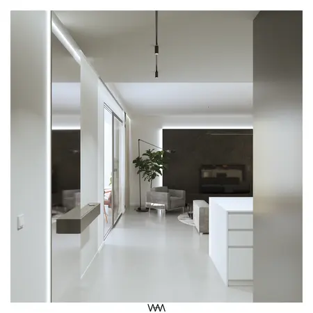 Salon w stylu minimalistycznym z białą kuchnią i roślinami, nowoczesne wnętrze.