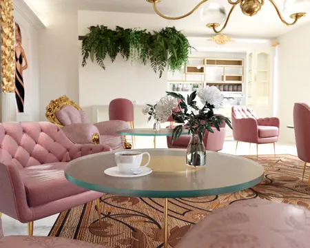 Stylowy salon w stylu glamour, minimalistyczny, minimaluxe z różowymi fotelami i roślinami.
