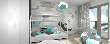 Pokój dziecięcy z chmurkami, huśtawką i pastelowymi akcentami. Styl dopamine decor, japandi, nowoczesny.