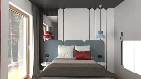 Sypialnia z niebieskim wezgłowiem i czerwonymi lampami w stylu dopamine decor.