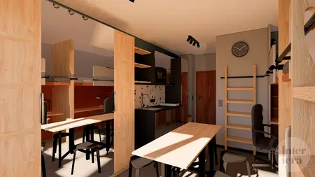 Wnętrze kuchni z drewnianymi meblami, minimalistycznym stylem i nowoczesnym wykończeniem.