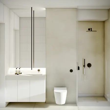 Nowoczesna łazienka z minimalistycznym designem, w stylu skandynawskim i soft minimalizmie.