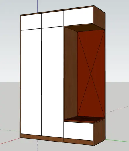 Garderoba z białymi meblami i drewnianymi detalami we współczesnym stylu.