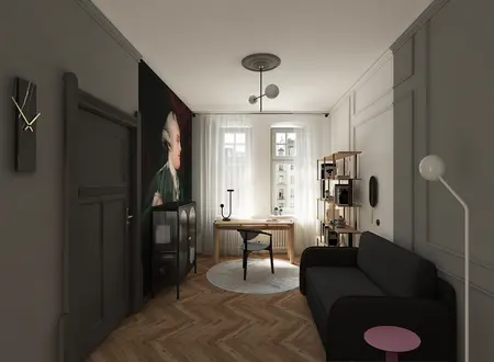 Wnętrze biura z szaro-białymi akcentami i drewnianymi elementami w stylu dopamine decor.