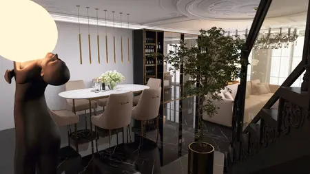Wnętrze jadalni z art deco, glamour, nowoczesnym stylem i roślinnością.