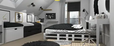Wnętrze poddasza w stylu boho z czarnymi meblami i jasnymi detalami.