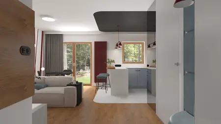 Wnętrze z kuchnią i salonem w stylu dopamine decor, z niebieskimi meblami i drewnianą podłogą.