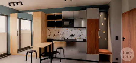 Kuchnia w stylu minimalistycznym, nowoczesnym i współczesnym z drewnianymi meblami.