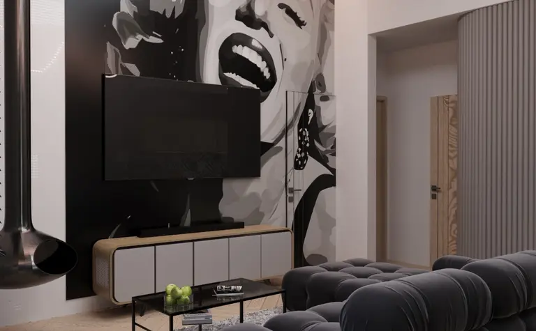 Wnętrze salonu w stylu eklektycznym i minimalistycznym z czarną sofą i muralem.