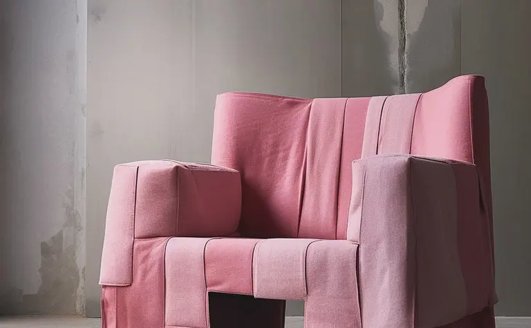 Różowa sofa w industrialnym wnętrzu z minimalistycznym designem.