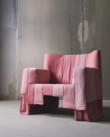 Różowa sofa w industrialnym wnętrzu z minimalistycznym designem.