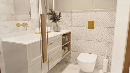 Nowoczesna łazienka z białą umywalką, złotymi detalami i tradycyjnymi płytkami w stylu glamour.