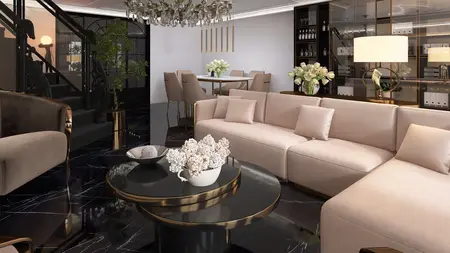 Eleganckie wnętrze salonu z elementami art deco i glamour.