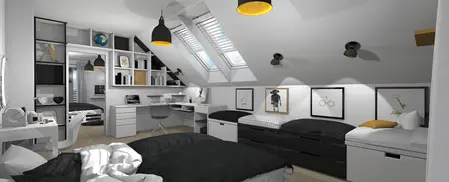 Pokój dziecięcy w stylu boho i nowoczesnym z biurkiem i łóżkami.