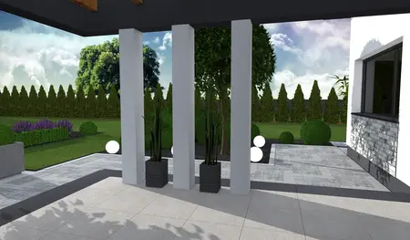 Taras w stylu industrialnym z roślinami, minimalistycznymi detalami oraz nowoczesnymi akcentami.