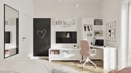 Wnętrze biura w nowoczesnym stylu ze skandynawskimi akcentami, z białym biurkiem i różowym fotelem.