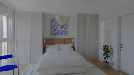 Sypialnia w stylu art deco z beżowymi meblami i niebieskim obrazem