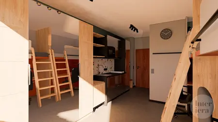 Wnętrze pokoju z minimalistycznym designem, nowoczesnymi meblami i współczesnymi detalami.