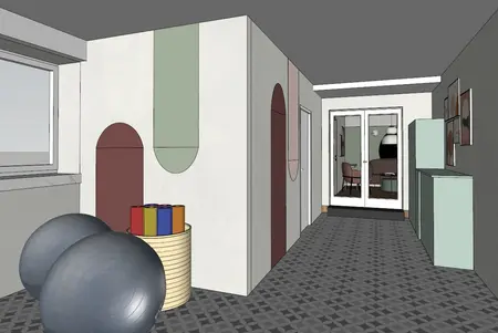 Przedpokój w stylu dopamine decor z eklektycznymi detalami, nowoczesne wykończenia.